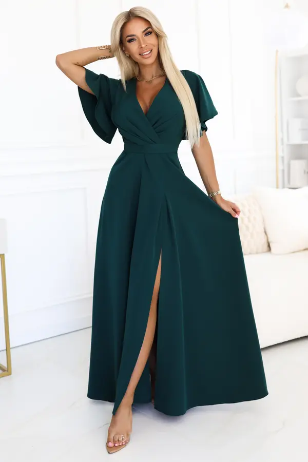 NUMOCO 581-8 JENNIFER long dress with a leg slit, sleeves and a neckline - bottle green
