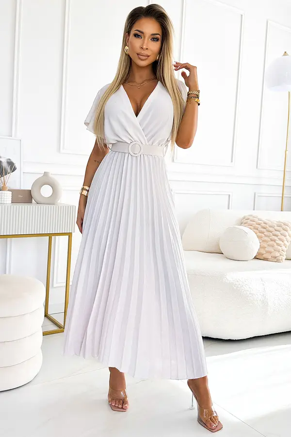numoco basic 585-1 Plisowana letnia sukienka midi z dekoltem i szerokim paskiem - ECRU