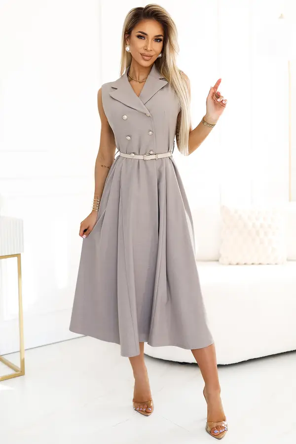 numoco basic 596-2 Elegant midi shirt dress with gold buttons and belt - gray beige