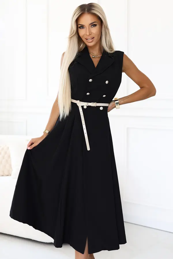 numoco basic 596-3 Elegant midi shirt dress with gold buttons and belt - black