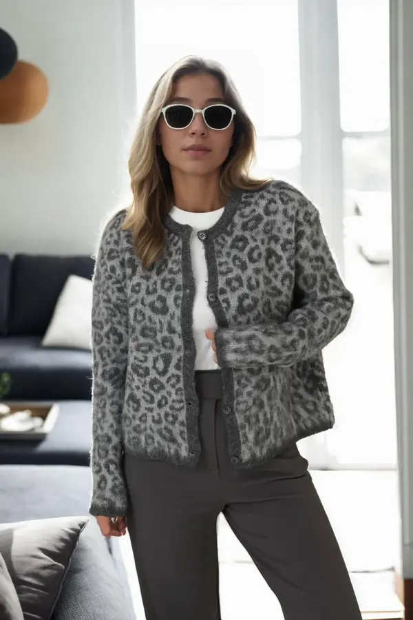 dewberry 61353 Dewberry Leopard Patterned Cardigan-ANTHRACITE