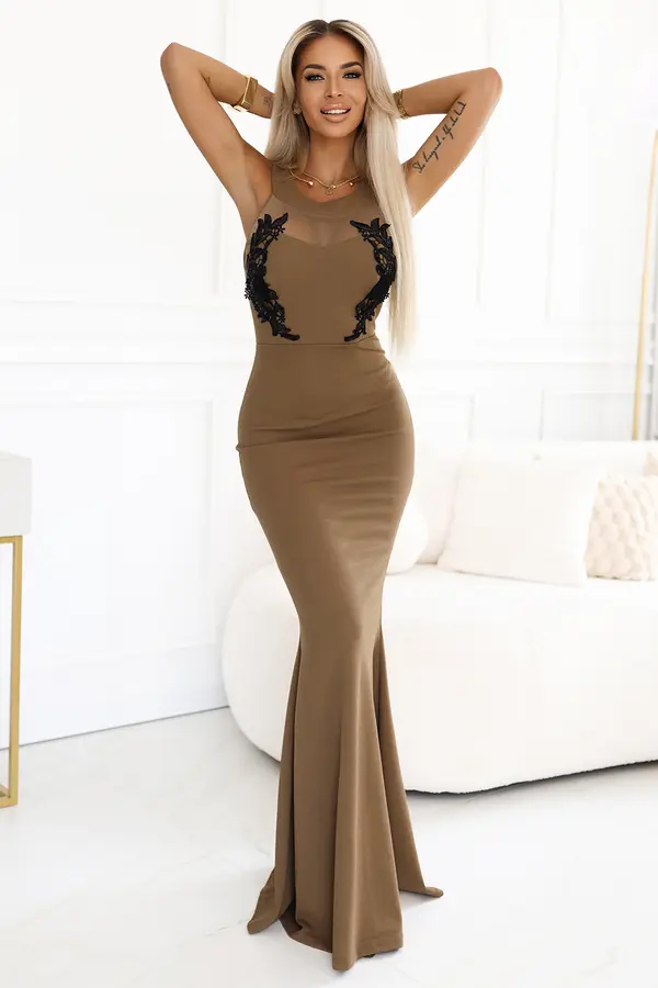 kocula 617-1 Long mermaid dress with black lace and mesh - MOCHA MOUSSE