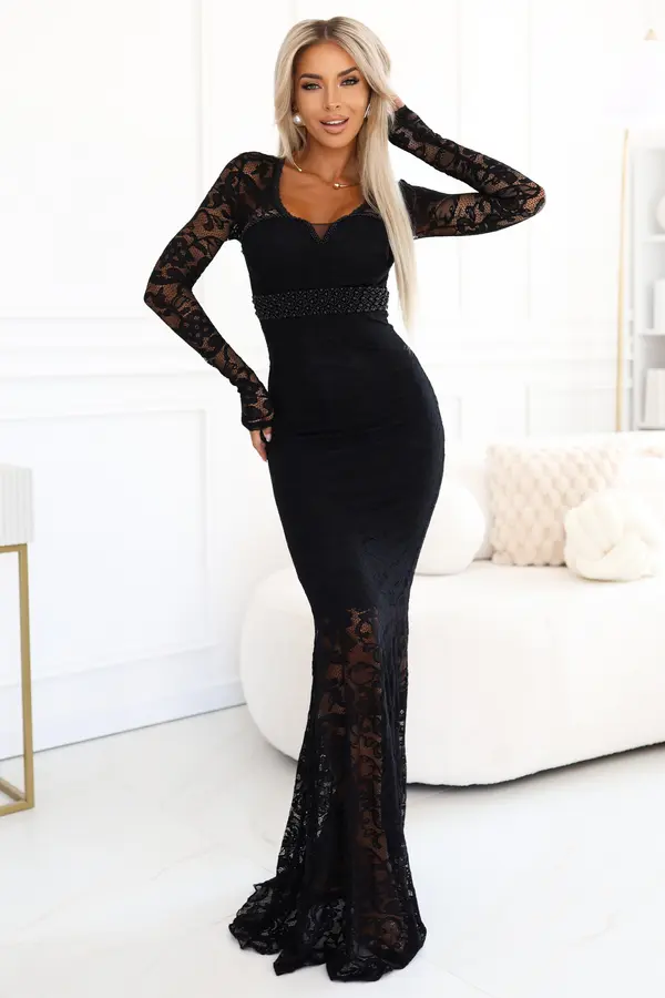 kocula 620-1 Evening lace maxi dress with long sleeves - black