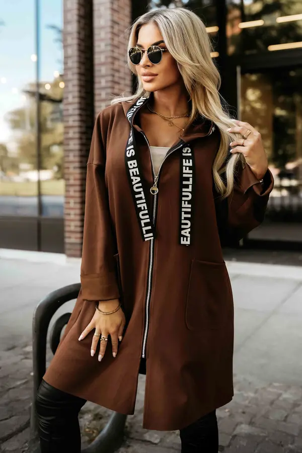 numoco basic 632-2 Casual coat with a zipper and fashionable details - chocolate