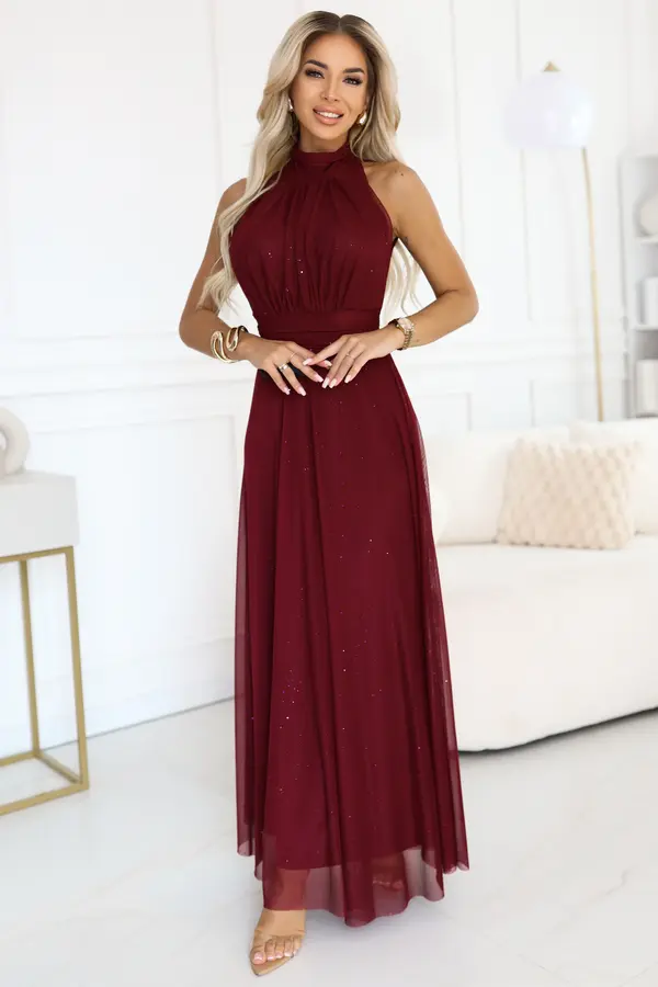numoco basic 636-1 VERONICA luxurious long dress with a brocade accent and a chic shape - burgundy