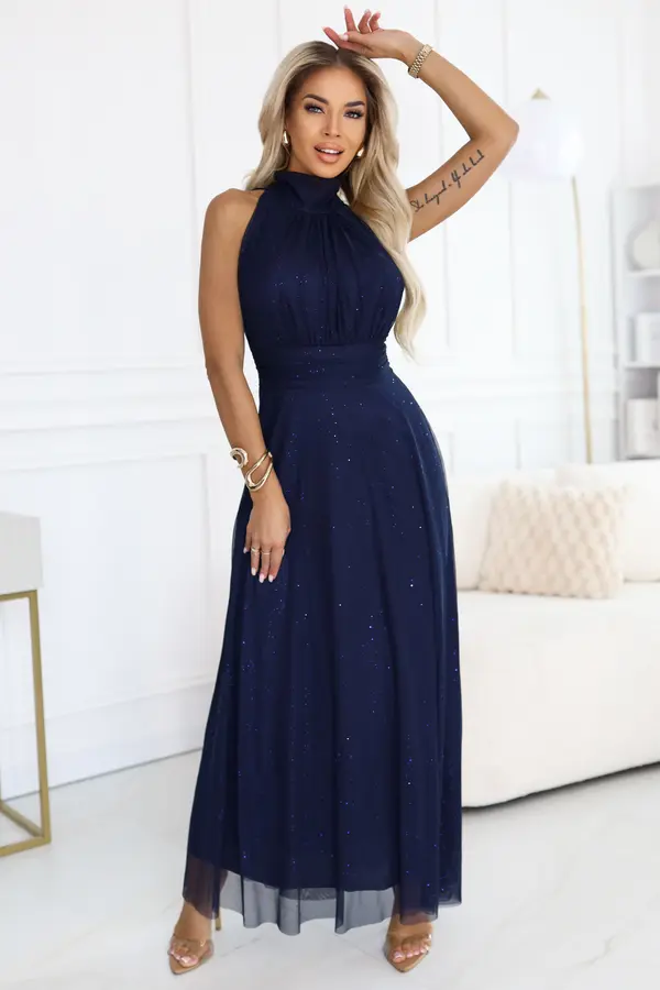 numoco basic 636-2 VERONICA luxurious long dress with a brocade accent and a chic cut - navy blue