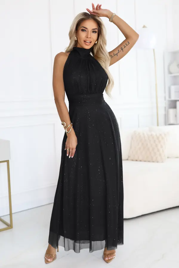numoco basic 636-3 VERONICA luxurious long dress with a brocade accent and a chic cut - black