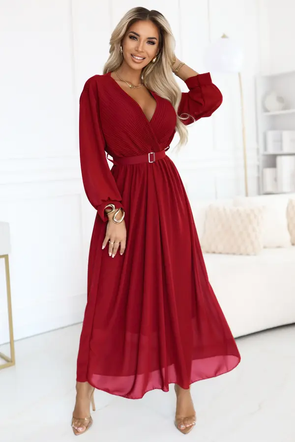 numoco basic 639-1 Elegant pleated maxi dress with a belt and a wrap neckline - burgundy