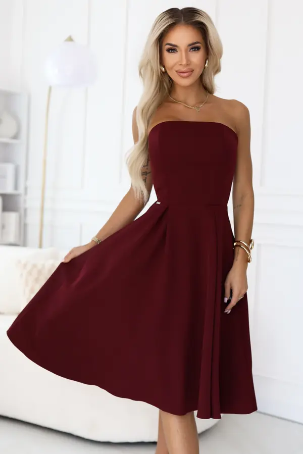 NUMOCO 641-1 VIVIENNE corset flared midi dress for special occasions - burgundy
