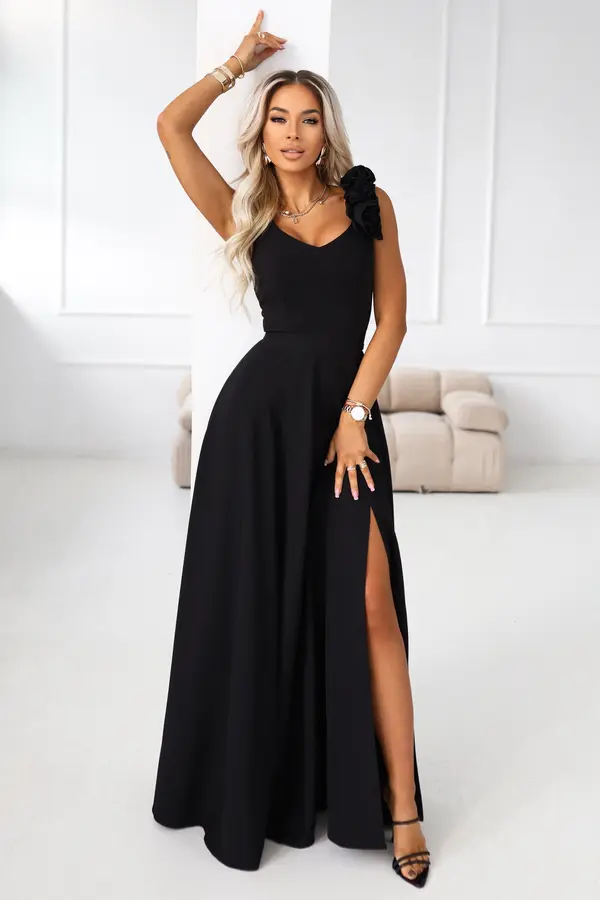 NUMOCO 643-2 Elegant maxi evening dress with a slit and roses - classic black