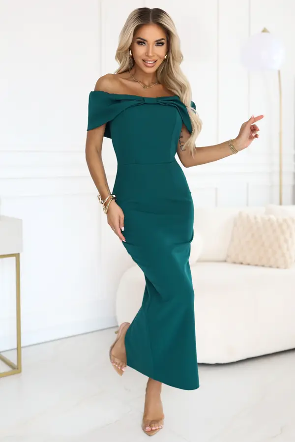 NUMOCO 644-1 Sensual midi dress with a bow at the neckline - bottle green