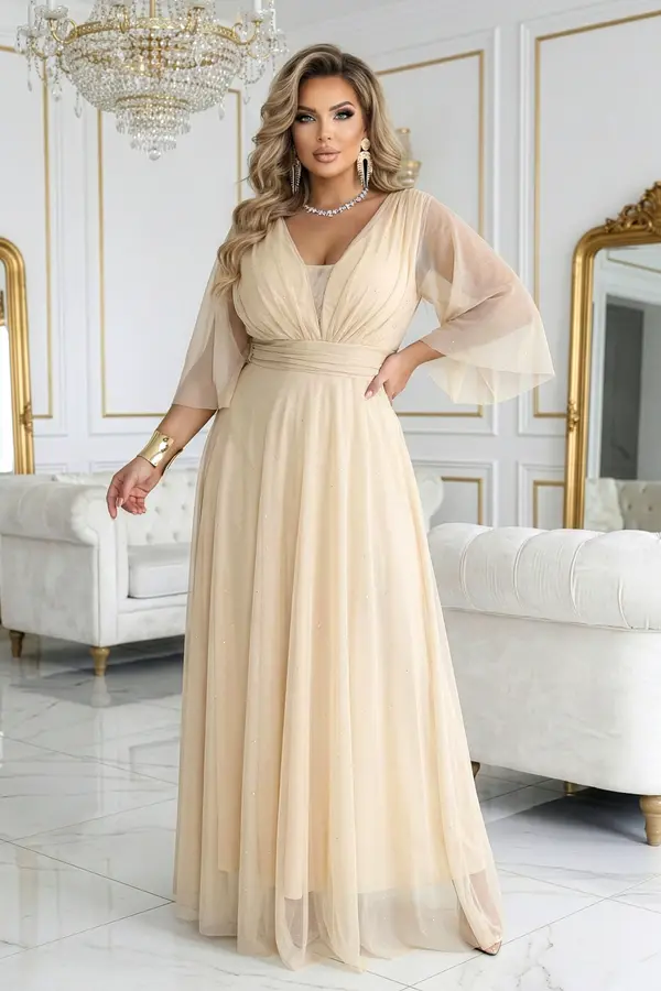 numoco basic 654-2 Long, shimmering plus-size dress with a scoop neckline and sheer sleeves - champagne beige