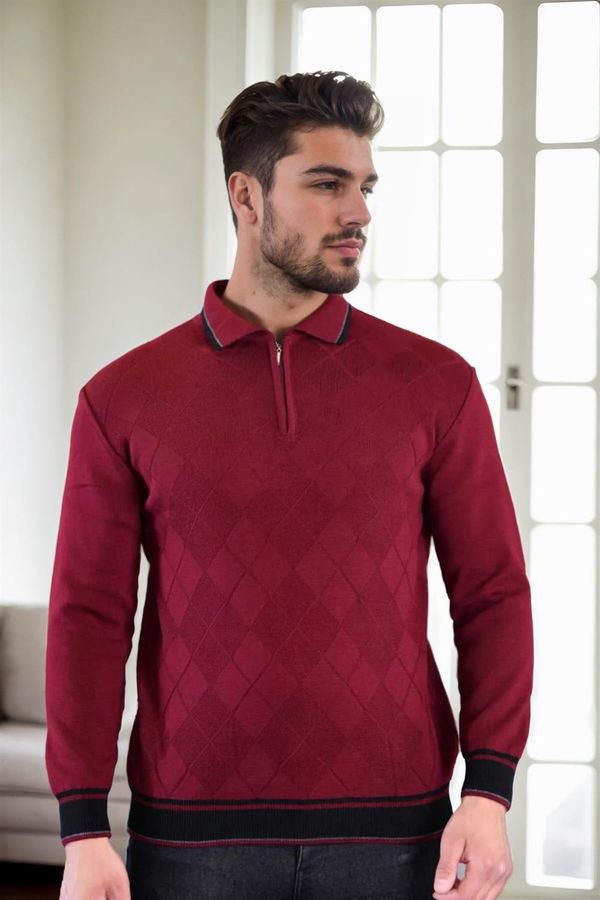 dewberry 66492 Dewberry Zippered Polo Neck Knit Mens Sweater-BURGUNDY