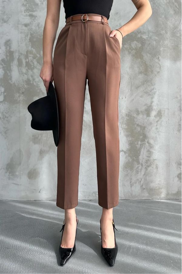 dewberry 67537 Dewberry Skinny Leg Belted Women Trousers-COFFEE