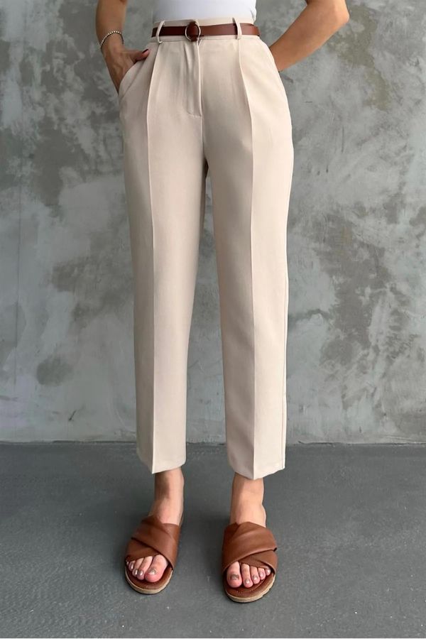 dewberry 67537 Dewberry Skinny Leg Belted Women Trousers-CREAM