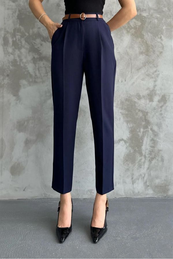 dewberry 67537 Dewberry Skinny Leg Belted Women Trousers-NAVY