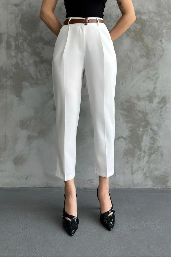 dewberry 67537 Dewberry Skinny Leg Belted Women Trousers-WHITE