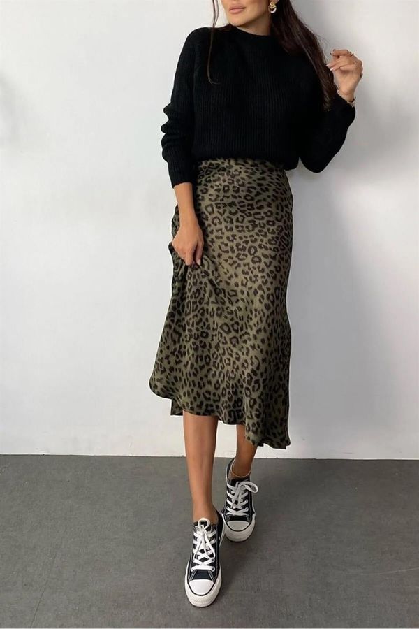 dewberry 68223 Dewberry Leopard Pattern Satin Midi Length Skirt-BLACK-KHAKI