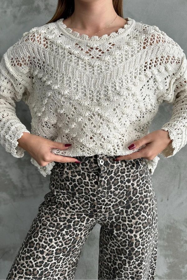 dewberry 69491 Dewberry Patterned Openwork Knitwear Womens Sweater-CREAM