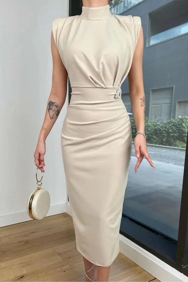 dewberry 69862 Dewberry Brooched Padded Crepe Women Dress-STONE