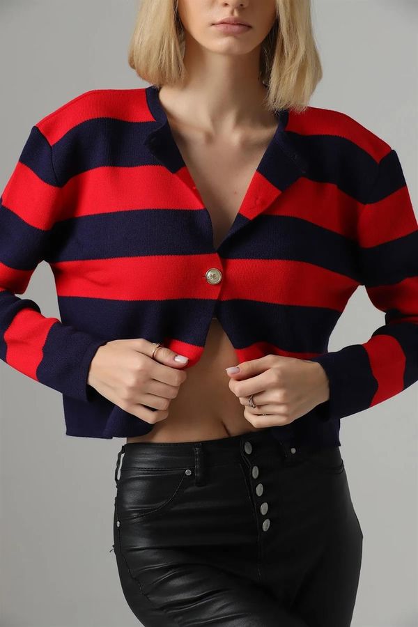 dewberry 74390 Dewberry Crew Neck Striped Crop Cardigan-RED-NAVY