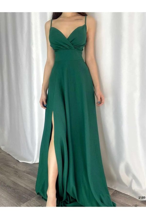 dewberry 74886 Dewberry Rope Strap Slit Evening & Graduation Dress-GREEN