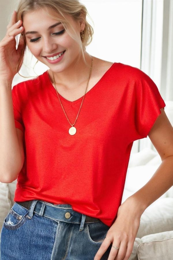 dewberry 77002 Dewberry V-Neck Basic Women T-Shirt-RED