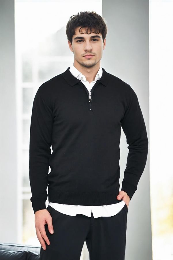 dewberry 82155 Dewberry Polo Neck Half Zipper Slim Fit Mens Sweater-BLACK