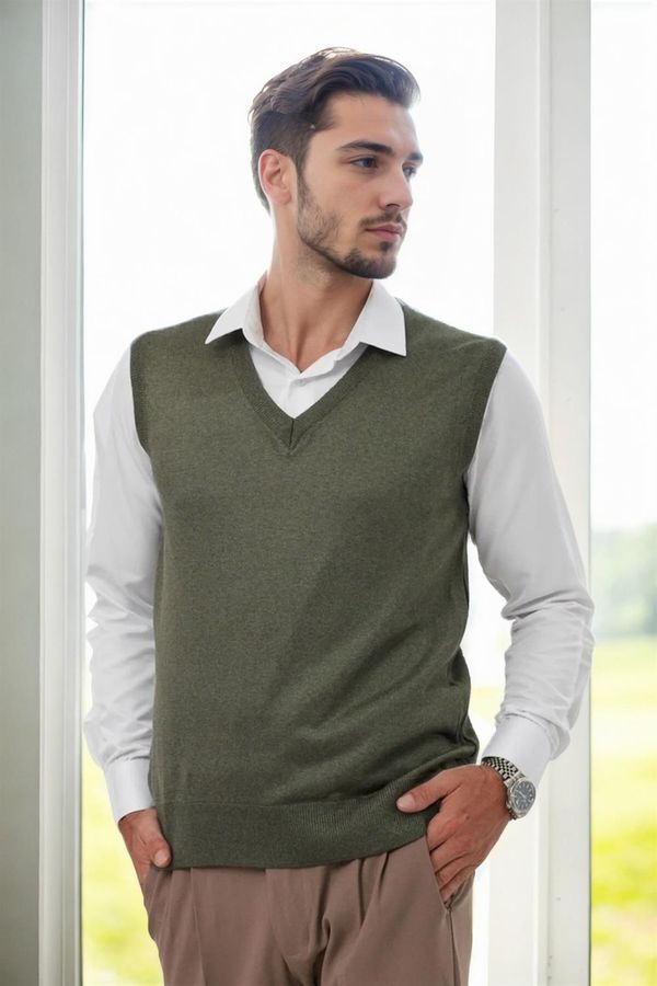 dewberry 90829 Dewberry V Neck Sleeveless Knit Mens Sweater-NEFTİ