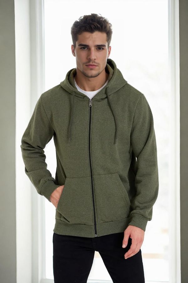 dewberry 94090 Dewberry Kangaroo Pocket Hooded Zipper Mens Sweatshirt-Khaki