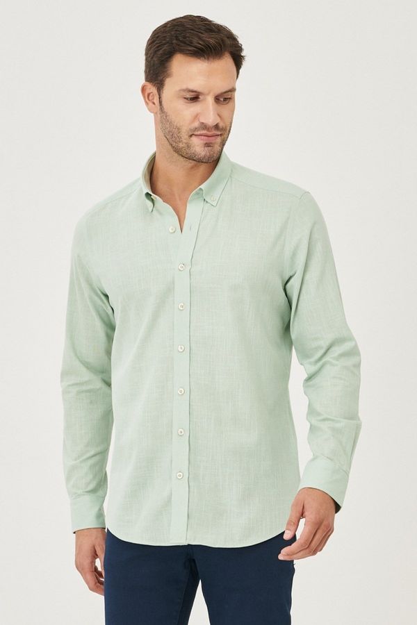 AC&Co / Altınyıldız Classics AC&Co / Altınyıldız Classics Men's A.mint Tailored Slim Fit Buttoned Collar Linen Look 100% Cotton Flamed Shirt