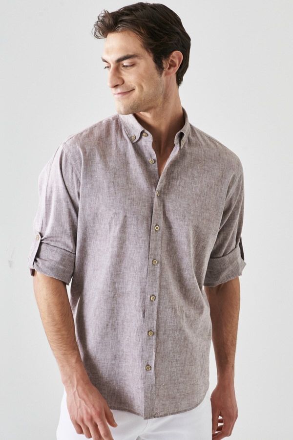 AC&Co / Altınyıldız Classics AC&Co / Altınyıldız Classics Men's Brown Comfort Fit Relaxed-Cut Buttoned Collar Casual Linen Shirt.
