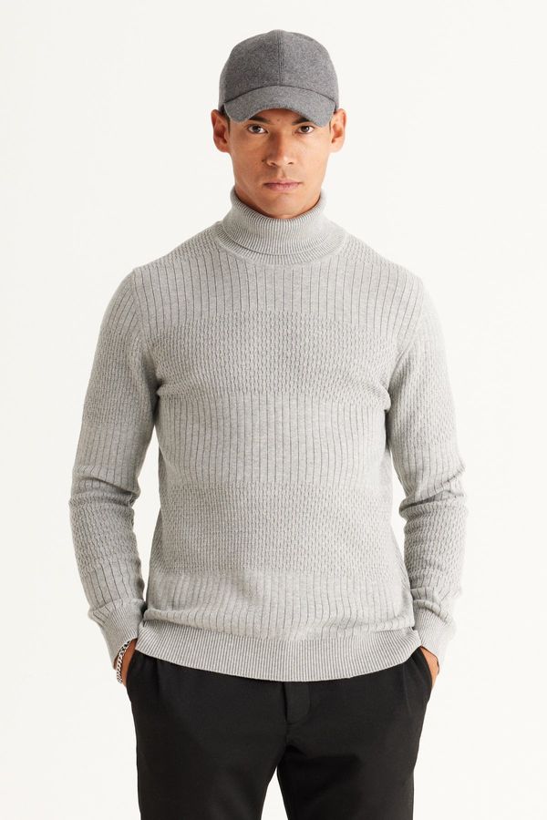 AC&Co / Altınyıldız Classics AC&Co / Altınyıldız Classics Men's Gray Melange Standard Fit Regular Fit Full Turtleneck Cotton Jacquard Knitwear Sweater