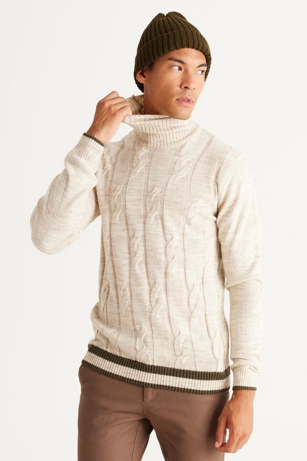 AC&Co / Altınyıldız Classics AC&Co / Altınyıldız Classics Men's Light Beige Standard Fit Regular Cut Full Turtleneck Jacquard Knitwear Sweater.