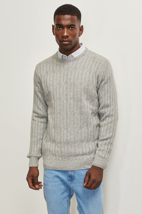 AC&Co / Altınyıldız Classics AC&Co / Altınyıldız Classics Men's Light Gray Standard Fit Regular Cut Crew Neck Jacquard Wool Knitwear Sweater