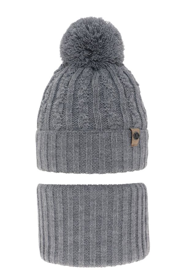 AGBO AGBO Boy's winter set: hat and tube scarf grey with pompom Almond