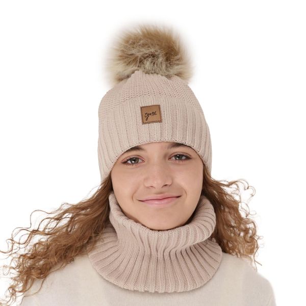 AGBO AGBO Girl's winter set: hat and tube scarf beige Juliette with pompom