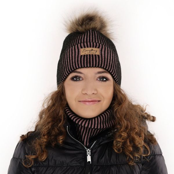 AGBO AGBO Girl's winter set: hat and tube scarf black Floryda with pompom