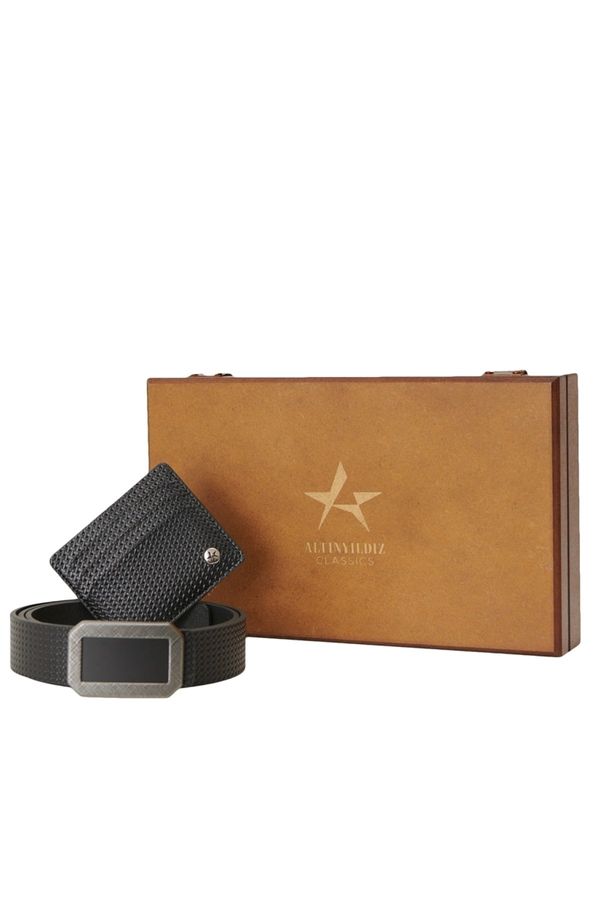 ALTINYILDIZ CLASSICS ALTINYILDIZ CLASSICS Men's Black Special Wooden Belt with Gift Box - Card Holder Accessory Set Groom's Pack