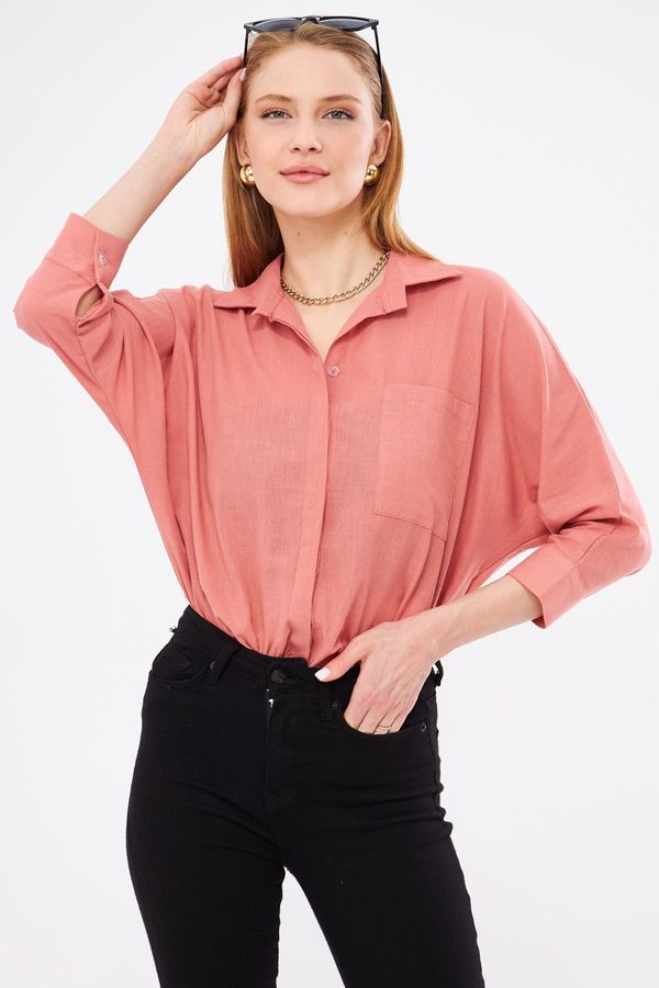 armonika armonika Women&#39;s Dark Pink Loose Linen Shirt with Pockets