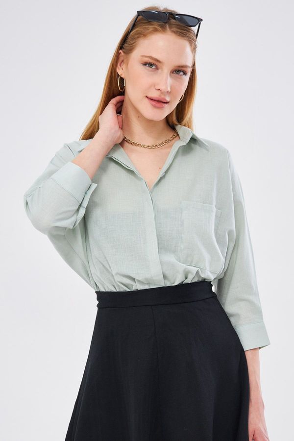 armonika armonika Women&#39;s Light Mint Pocket Casual Linen Shirt