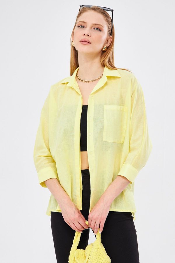 armonika armonika Women&#39;s Yellow Pocket Casual Linen Shirt