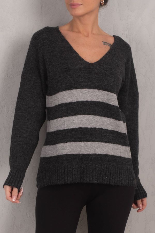 armonika armonika Women's Anthracite Lily V-Neck Striped Knitwear Sweater