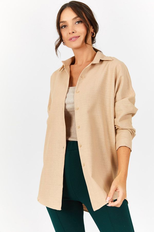 armonika armonika Women's Beige Oversize Long Basic Shirt