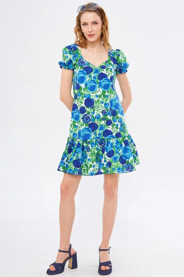 armonika armonika Women's Blue Dekaohto Dress Sleeve Elastic Skirt Frilly Back Zipper Mini Size