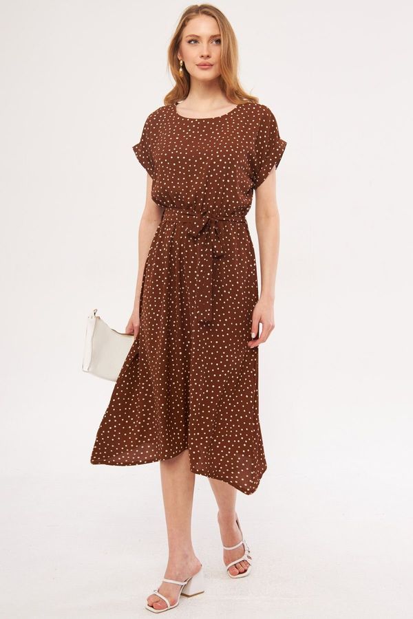 armonika armonika Women's Brown Polka Dot Waist Elastic Tie Dress