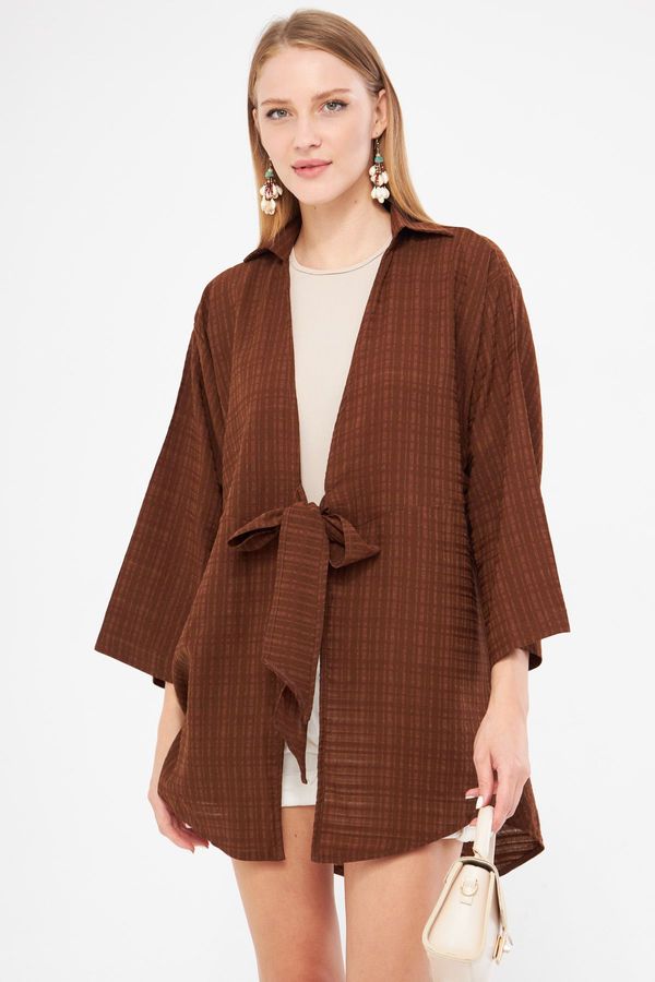 armonika armonika Women's Brown Self-Striped Front Tie Kimono Shirt