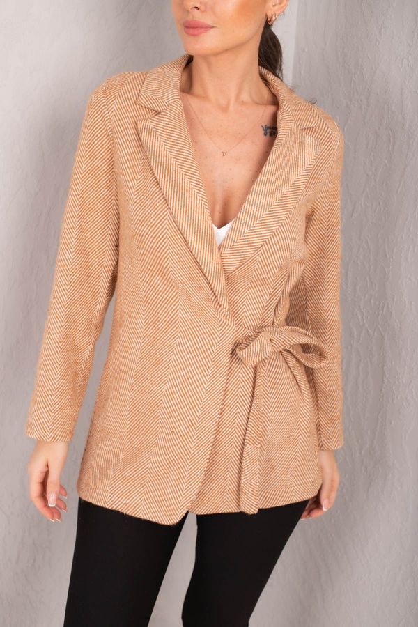 armonika armonika Women's Camel Side Tie Herringbone Patterned Cachet Jacket