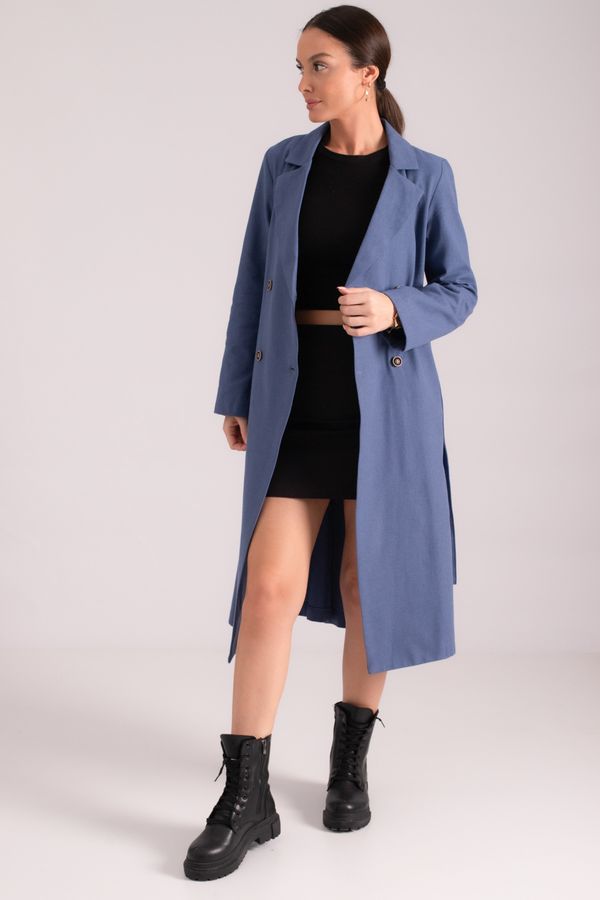 armonika armonika Women's Dark Blue Double Breasted Collar Waist Belted Long Trench Coat