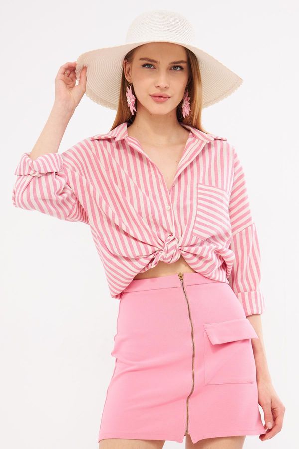 armonika armonika Women's Fuchsia Striped Long Sleeve Pocket Detailed Pleated Oversize Shirt